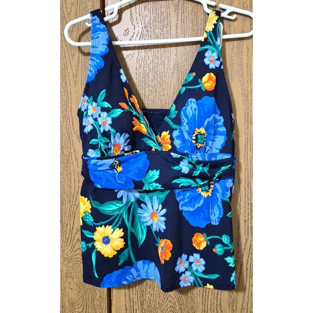 Lands' End Women's Blue Black Orange Floral Swimsuit Tankini Top Size M NWT
